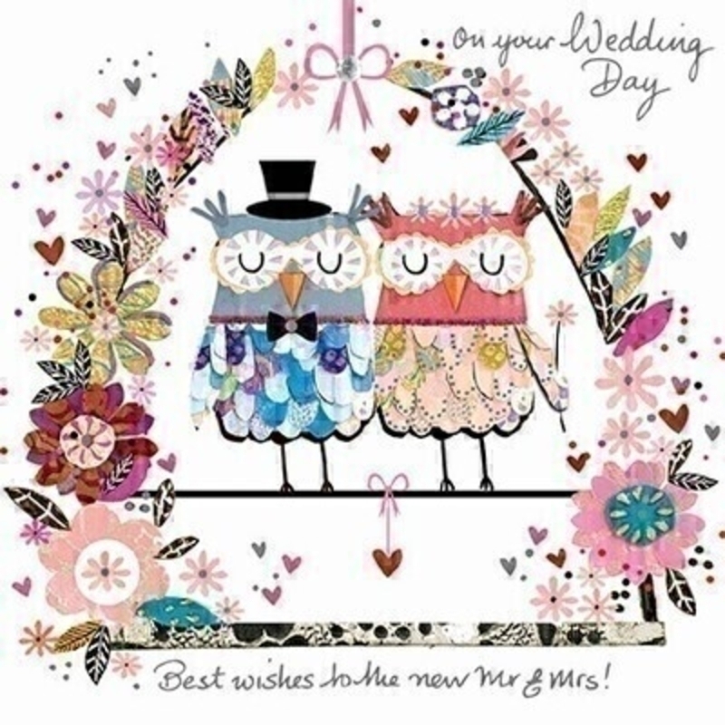 This Wedding greetings card from Paper Rose is decorated with a 3D pink Mrs Owl and a 3D blue Mr Owl sitting on a love swing decorated with flowers with ON YOUR WEDDING DAY BEST WISHES TO THE NEW MR AND MRS written in siver on the front. The card is perfect to send to someone celebrating getting married and it has Wishing  you both a very happy future together written on the inside. Comes complete with a silver envelope.